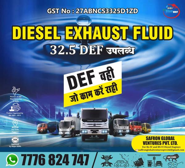 At Saffron Global Ventures, we are a trusted name in the industry as a leading Diesel Exhaust Fluid (DEF) manufacturer, delivering high-quality solutions to help reduce vehicle emissions and support a cleaner environment. Our DEF is a non-toxic, high-purity urea solution that meets ISO 22241 and API standards, designed specifically for use in all diesel engines equipped with Selective Catalytic Reduction (SCR) systems.Why Choose SGV Diesel Exhaust Fluid?✅ Premium Quality – Manufactured using the highest-grade urea and deionized water for maximum purity and performance.✅ Emission Compliance – Helps vehicles comply with BS-VI/Euro 6 emission norms by converting NOx into harmless nitrogen and water.✅ Consistent Supply – State-of-the-art production facilities ensure a consistent and scalable supply for OEMs, fleet operators, and fuel stations.✅ Packaging Options – Available in various sizes from 5L, 10L cans to 20L, 210L drums, and 1000L IBC tanks.✅ Nationwide Distribution – Fast and reliable delivery across India to meet your bulk and retail needs.Applications:Commercial Trucks & BusesAgricultural & Construction EquipmentIndustrial Diesel EnginesPassenger Diesel VehiclesTrusted by Industry LeadersSGV's commitment to quality, innovation, and customer satisfaction has made us the preferred DEF supplier for transport companies, fuel retailers, and logistics providers across India.