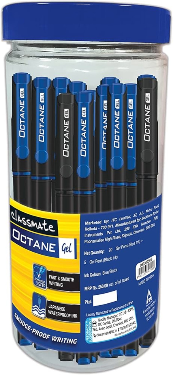 Overview & DesignBrand: Classmate (ITC)Pen Type: Gel ink pen, 0.5–0.7 mm tip depending on the variantBody & Grip: Lightweight plastic barrel with a sculpted design and textured rubber grip—ergonomic for long writing sessionsCap: Click-off safety capPocket Clip: Yes, convenient for carrying aroundInk PerformanceInk Color: Vivid blueJapanese Waterproof Gel Ink: Offers smooth and fast writing with smudge- and water-resistance—ideal for exams and class notes Smudge‑Proof & Quick‑Drying: Keeps writing crisp even if accidentally wetUser ExperienceSmoothness & Comfort: Highly praised for gliding effortlessly across the page; reliable for long-duration writing Student Favorite: Commonly used for exams, notes, and assignments due to its dependable performance Real user voices from Reddit:“Same….! Me as well. I cannot use another brand of Gel Pen. It’s Octane or nothing.” “Pens are very good quality, writing is very good and smooth… I really like these pens.” Refillability & DurabilityRefillable: Designed for refill use, though some users report variable refill quality Reliability: Many loyal users keep the same pen body for years, swapping refills as neededPros & Cons ProsSmooth, reliable writing with a pleasant gripWaterproof & smudge-resistant ink—great for exams or left-handed usersLightweight and ergonomic ConsRefill quality can be inconsistent—some users report skipping or incomplete impressionsInk may deplete quickly in heavy useSummaryThe Classmate Octane Blue Gel Pen is a go-to gel pen for students and professionals who want smooth, waterproof writing at an affordable price. With ergonomic design and dependable performance, it shines for exams and note-taking. If you're considering a refillable pen, Octane is a strong contender—but be prepared that refill quality might vary.