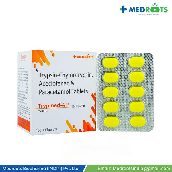 Aceclofenac+paracetamol+trypsin Chymotrypsin is used to relieve pain and inflammation associated with osteoarthritis, rheumatoid arthritis, spondylosis, spondyloarthritis, and ortho-degenerative disorders. Aceclofenac is an NSAID (Non-Steroidal Anti-Inflammatory Drug) and Paracetamol is an analgesic
