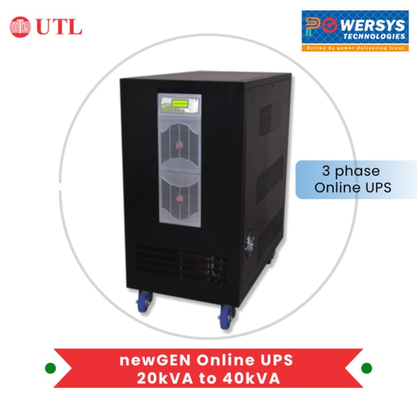newGEN Online UPS 20kVA to 40kVAUTL newGEN PFC online ups provide an independent, no breaking source of clean, stable, transient free uninterrupted power supply with output neutral bonded to the ground. This protects critical loads against power line disturbances and loss of commercial power.The true advantage of the newGEN PFC Online UPS is its ability to provide an electrical firewall between the incoming utility power and your sensitive electronic equipment.UTL Online UPS comprises a rectifier, an auto float cum boost charger, battery-backed inverter with under-voltage, over-voltage, short-circuit protection along with a high degree of Input to Output isolation. The amplification stage has IGBT technology for pure sine wave output.* Isolation transformer* High-Performance DSP based design* Pure Sine Wave Output with zero changeover time* User-friendly control setting by Display* Local and Remote monitoring (Optional)- By GSM and Ethernet* Extensive electronic protections* Typical Applications