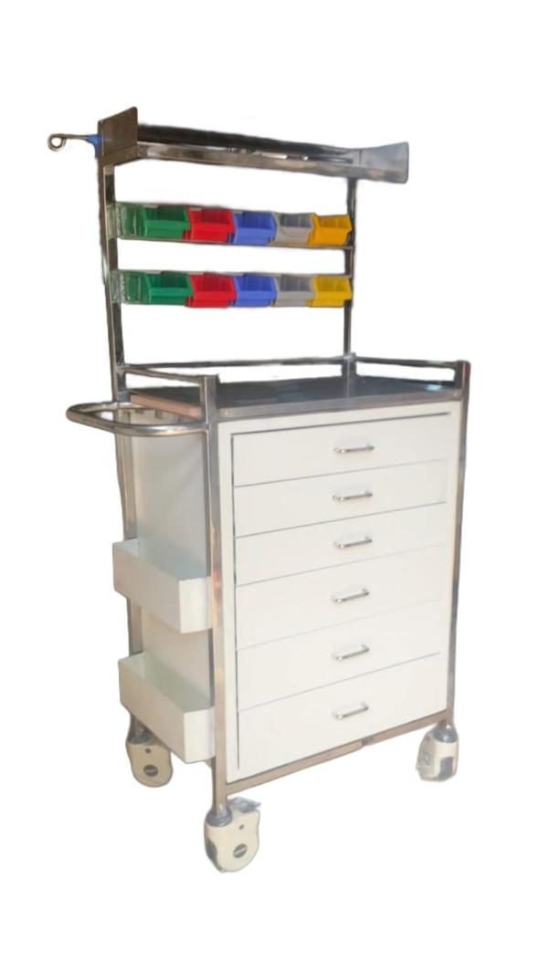 Construction:Frame & Top: Full Stainless Steel (S.S.) construction for durability and hygieneDrawers: Multiple Mild Steel (M.S.) powder-coated drawers for storage of emergency medications and toolsNumber of Drawers: Typically 5–6 drawers (customizable as per requirement)Drawer Design: Smooth sliding with ergonomic handles; different colors/sizes possible for quick identificationFeatures:Defibrillator Shelf: Top shelf or tray for placing defibrillator or monitorIV Rod: Adjustable stainless steel IV rod includedUtility Bins: Removable utility bins or bins for waste and sharpsOxygen Cylinder Holder: Side-mounted holder for oxygen cylinderWriting Surface: Pull-out sliding writing surfaceCastor Wheels: 4 swivel castor wheels (2 with brakes), 125 mm size, noiseless and anti-staticHandle: Push handle for easy maneuveringApproximate Dimensions:L × W × H: 900 mm × 500 mm × 1500 mm (customizable)Hospital Furniture Manufacturer in India/Gurgaon/Delhi NCRBest Medical furniture supplier/Manufacture in Gurgaon/Delhi NCRHospital Medical Equipments supplier/Manufacture in Gurgaon/Delhi NCR