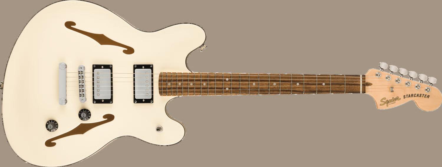 The Starcaster® broke the mold of semi-hollow guitar design with its offset body shape when it was introduced in the '70s, offering versatile sound and out-of-this-world styling for the most adventurous players. The Affinity Series® Starcaster Deluxe features several player-friendly refinements such as a lightweight semi-hollow body, a slim and comfortable “C”-shaped neck with familiar Stratocaster® headstock, an adjustable bridge with stop tailpiece for solid tuning stability and sealed die-cast tuning machines with split shafts for smooth, accurate tuning and easy restringing. Loaded with a pair of Squier humbucking pickups with 3-way switching for genre-defying sonic variety, this model is ready to accompany any player at any stage.FeaturesOffset semi-hollow bodyAdjustable bridge with stopbar tailpieceSlim and comfortable “C”-shaped neck profileDual Squier humbucking pickupsSealed die-cast tuning machines with split shaftsBody - Laminated Maple with Center BlockBody Binding - BlackBody Finish - Gloss PolyurethaneBody Material - Laminated Maple with Center BlockBody Shape - Starcaster®