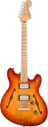 A superb gateway into the time-honored Fender family, the Squier Affinity Series Stratocaster delivers legendary design and quintessential tone for today’s aspiring guitar hero. This Strat features several player-friendly refinements such as a thin and lightweight body, a slim and comfortable “C”-shaped neck profile, a 2-point tremolo bridge for superior tremolo action and sealed die-cast tuning machines with split shafts for smooth, accurate tuning and easy restringing. Loaded with a trio of Squier single-coil Strat pickups with 5-way switching for genre-defying sonic variety, this model is ready to accompany any player at any stage.FeaturesThin and lightweight bodyThree Squier single-coil pickups2-point tremolo bridgeSlim and comfortable “C”-shaped neck profileSealed die-cast tuning machines with split shaftsSpecificationsBodyBody: PoplarBody Finish: Gloss PolyurethaneBody Shape: StratocasterBody Material: PoplarNeckNeck Material: MapleNeck Finish: Satin Urethane with Gloss Urethane Headstock FaceNeck Shape: “C” ShapeNeck Construction: Bolt-OnFingerboard Radius: 9.5“ (241 mm)Fingerboard Material: Indian LaurelPosition Inlays: Pearloid DotSide Dots: WhiteNumber of Frets: 21Truss Rod: Head AdjustString Nut: Synthetic BoneNut Width: 1.650” (42 mm)Nut Material: Synthetic BoneHardwareBridge: 2-Point Synchronized Tremolo with Block SaddlesPickguard: 3-Ply WhitePickup Covers: WhiteControl Knobs: White PlasticSwitch Tip: WhiteHardware Finish: ChromeTuning Machines: Sealed Die-Cast with Split ShaftsString Trees: Dual-WingStrings: Nickel Plated Steel (.009-.042 Gauges)Tremolo Arm: StandardNeck Plate: 4-Bolt SquierStrap Buttons: StandardElectronicsBridge Pickup: Ceramic Single-CoilMiddle Pickup: Ceramic Single-CoilNeck Pickup: Ceramic Single-CoilPickup Configuration: SSSControls: Master Volume, Tone 1. (Neck/Middle Pickups), Tone 2. (Bridge Pickup)Switching: 5-Position Blade: Position 1. Bridge Pickup, Position 2. Bridge and Middle Pickup, Position 3. Middle Pickup, Position 4. Middle and Neck Pickup, Position 5. Neck Pickup