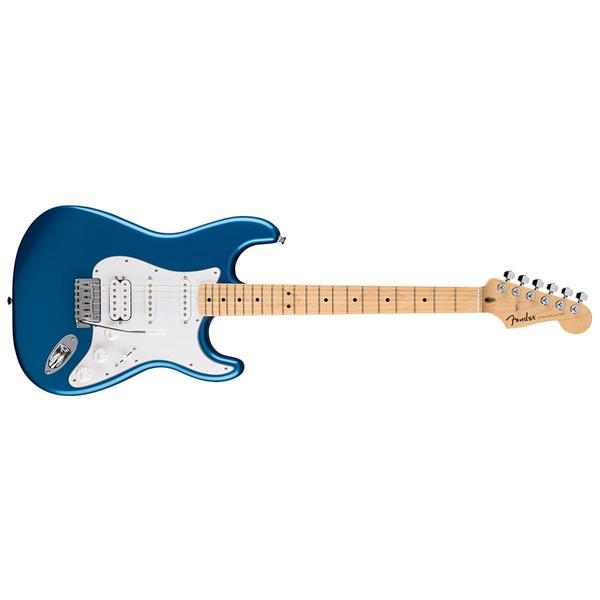 OverviewThe Fender® Stratocaster® was light years ahead of its contemporaries when it was introduced in 1954, instantly becoming a timeless classic with its ergonomically contoured double-cutaway body, versatile triple pickup configuration and inventive spring-loaded tremolo bridge.Built to accompany players on their formative musical adventures, the Fender Standard Stratocaster HSS delivers the approachable playability and inspiring tone that made Fender an icon of rock & roll. Powered by a set of Fender Standard pickups for high-output sonic character and an inviting “Modern C”-shaped neck for superior playing comfort, this Strat® truly sets the standard for the Fender experience.FEATURESPoplar body with gloss finishFender Standard ceramic humbucking and single-coil Stratocaster pickups2-point synchronized tremolo bridge with satin chrome saddles“Modern C”-shaped maple neck with satin finish9.5“-radius fingerboardBODYBody: PoplarBody Finish: Gloss PolyurethaneBody Material: PoplarBody Shape: Stratocaster®ELECTRONICBridge Pickup: Standard HumbuckingControls: Master Volume, Tone 1. (Neck/Middle Pickups), Tone 2. (Bridge Pickup)Middle Pickup: Standard Single-Coil Strat®Neck Pickup: Standard Single-Coil Strat®Pickup Configuration: HSSSwitching: 5-Position Blade: Position 1. Bridge Pickup, Position 2. Bridge and Middle Pickup, Position 3. Middle Pickup, Position 4. Middle and Neck Pickup, Position 5. Neck PickupGENERALColor: Aqua Marine MetallicOrientation: Right-HandProduct Name: Standard Stratocaster® HSS, Maple Fingerboard, White Pickguard, Aqua Marine MetallicSeries: StandardHARDWAREBridge: Standard 2-Point Tremolo with Satin Chrome Steel Block SaddlesBridge Mounting: 2-Point ModernControl Knobs: WhiteHardware Finish: ChromeNeck Plate: 4-BoltPickguard: 3-Ply WhitePickup Covers: WhiteStrap Buttons: StandardString Trees: Dual-WingStrings: Nickel Plated Steel (.009-.042 Gauges)Switch Tip: WhiteTremolo Arm: Screw-InTuning Machines: Fender® Standard Cast/Sealed with Hex ButtonsNECKFingerboard Material: MapleFingerboard Radius: 9.5” (241 mm)Neck Construction: Bolt-OnNeck Finish: Satin Urethane with Gloss Urethane Headstock FaceNeck Material: MapleNeck Shape: Modern “C”Number of Frets: 21Nut Material: MicartaNut Width: 1.6875