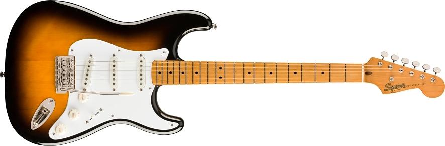 Fender Squier Classic Vibe '50s Stratocaster Electric Guitar Overview:A celebration of the birth of the Strat in the 1950s, the Classic Vibe ‘50s Stratocaster creates incredible tone courtesy of a trio of Fender-Designed alnico single-coil pickups. Player-friendly features include a slim, comfortable “C”-shaped neck profile with an easy-playing 9.5”-radius fingerboard and narrow-tall frets, as well as a vintage-style tremolo system for expressive string bending effects. This throwback Squier model also features 1950s-inspired headstock markings, rich-looking nickel-plated hardware and a slick vintage-tint gloss neck finish for an old-school vibe.Features:100% designed by FenderInspired by 1950s-era Stratocaster modelsFender-Designed alnico pickupsVintage-tint gloss neck finishNickel-plated hardwareSpecifications:BodyBody Material: NyatohBody Shape: StratocasterBody Finish: Gloss PolyurethaneNeckNeck Material: MapleNeck Finish: Tinted Gloss UrethaneNeck Shape: “C” ShapeScale Length: 25.5“ (64.77 cm)Fingerboard Material: MapleFingerboard Radius: 9.5” (241 mm)Number of Frets: 21Fret Size: Narrow TallNut Material: BoneNut Width: 1.650