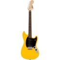 This Mustang sports a slim and inviting “C”-shaped neck profile and a thin, lightweight body for optimal playing comfort while a pair of Squier® single-coil pickups chime with crystal clarity for a wide variety of versatile tones. Further details of this model include a short 24“ scale length, 6-saddle hardtail bridge for reliable intonation, sealed-gear tuning machines for smooth, accurate tuning and durable chrome-plated hardware that is sure to catch the spotlight.FeaturesShort 24” scale lengthSquier single-coil pickups6-saddle hardtail bridgeSealed-gear tuning machinesChrome hardwareSpecificationsName: Squier Sonic®Orientation: Right-HandColor: Graffiti YellowCountry of Origin: IDNeckMaterial: MapleFinish: Satin UrethaneShape: “C” ShapeConstruction: Bolt-OnFingerboard Radius: 9.5“ (241 mm)Fingerboard Material: LaurelPosition Inlays: Pearloid DotNumber of Frets: 22Truss Rod: Head AdjustTruss Rod Nut: 4 mm HexString Nut: Synthetic BoneNut Width: 1.650” (42 mm)Nut Material: Synthetic BoneBodyMaterial: PoplarFinish: Gloss PolyurethaneShape: Mustang®HardwareBridge: 6-Saddle Top-Load Hardtail with Block SaddlesPickguard: 1-Ply BlackControl Knobs: Black PlasticSwitch Tip: BlackHardware Finish: ChromeTuning Machines: Die-Cast SealedStrings: Nickel Plated Steel (.009-.042 Gauges)Neck Plate: 4-Bolt Squier®Strap Buttons: Vintage-StyleElectronicsBridge Pickup: Ceramic Single-CoilNeck Pickup: Ceramic Single-CoilPickup Configuration: SSControls: Master Volume, Master ToneSwitching: 3-Position TogglePosition 1: Bridge PickupPosition 2: Bridge and Neck PickupsPosition 3: Neck Pickup