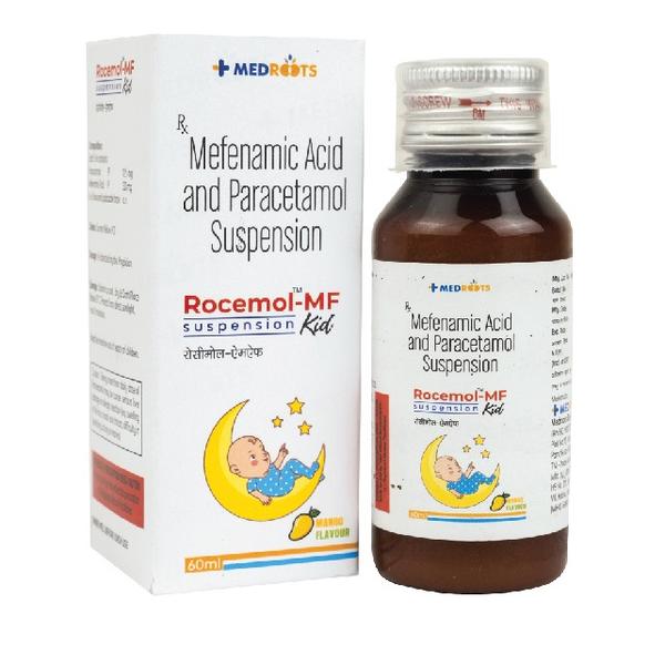 ROCEMOL-MF KID  suspension is a combination of paracetamol and mefenamic acid. Paracetamol is also known as acetaminophen and is widely used as over the counter analgesic and anti-pyretic. It is a mild analgesic which causes relief in mild headaches and other aches and pains.
