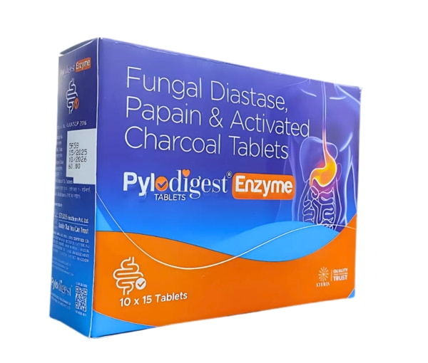 PYLODIGEST ENZYME is a comprehensive digestive aid specially formulated with a powerful blend of Fungal Diastase, Papain, and Activated Charcoal. These natural and enzymatic components work synergistically to enhance the digestive process, alleviate common gastrointestinal disturbances, and promote better nutrient absorption. Whether you're dealing with a heavy meal, bloating, or general digestive discomfort, PYLODIGEST ENZYME offers effective relief and supports your gut health.What is PYLODIGEST ENZYME?PYLODIGEST ENZYME is a multi-action digestive supplement that contains:Fungal Diastase: A digestive enzyme that breaks down complex carbohydrates into simpler sugars for easier digestion.Papain: A proteolytic enzyme derived from papaya, which helps in breaking down proteins into amino acids.Activated Charcoal: A natural absorbent that binds to gas, toxins, and impurities in the gut, helping relieve bloating and flatulence.Fungal Diastase + Papain + Activated Charcoal helps relieve digestive disorders like indigestion, heartburn, gas, and abdominal discomfort.Uses of PYLODIGEST ENZYME:This combination is widely used to manage a range of digestive problems, including:Indigestion and dyspepsiaBloating and excessive gasAcidity and heartburnAbdominal discomfort after mealsFlatulencePoor digestion due to enzyme deficiencyBy breaking down proteins, carbohydrates, and absorbing excess gas, PYLODIGEST ENZYME helps restore healthy digestion and improves overall gastrointestinal comfort.Side Effects of PYLODIGEST ENZYME:While PYLODIGEST ENZYME is generally well-tolerated, some individuals may experience:Mild gastrointestinal disturbances such as nausea or diarrheaAllergic reactions like rash or itching (rare)Constipation or black stools (due to activated charcoal)If any side effects persist or worsen, it is advisable to consult a healthcare provider immediately.Precautions Before Using PYLODIGEST ENZYME:Consult a doctor before using if you are pregnant or breastfeedingUse with caution in patients with known allergies to any of the ingredientsAvoid excessive or prolonged use without medical supervisionNot recommended for use in children without pediatric guidanceMaintain adequate hydration during use, especially when taking activated charcoalDrug Interactions – What Drugs Interact With PYLODIGEST ENZYME?Activated charcoal may reduce the effectiveness of certain oral medications by binding to them in the stomach. These include:Antibiotics (e.g., tetracycline, ciprofloxacin)Antiepileptic drugsBirth control pillsCardiac medications like digoxinTo prevent interaction, it's advisable to take PYLODIGEST ENZYME at least 2 hours before or after other medications. Always inform your doctor or pharmacist about all the medications and supplements you are taking.Conclusion:PYLODIGEST ENZYME is a reliable and effective digestive formula that provides natural enzymatic support to manage everyday digestive troubles. Its triple-action blend of Fungal Diastase, Papain, and Activated Charcoal makes it a trusted choice for those seeking relief from indigestion, gas, and bloating. Ideal for post-meal comfort, this product reflects Steris Healthcare’s commitment to quality, patient safety, and affordable care.