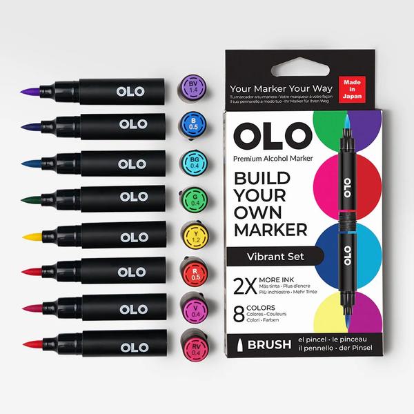 OLO Vibrant 8pc Brush Set. This curated set features bold, saturated hues perfect for energetic designs and dynamic compositions. Ideal for vibrant illustrations, lively sketches, and colorful accents.Set Includes:8 alcohol-based brush nib markers4 connector ringsA mini blank swatch cardColors in the set: B0.5 Blue Sapphire, BG0.4 Turquoise, BV1.4 Wild Violet, G0.4 Jade, R0.5 Vermilion, RV0.4 Hot Pink, V0.4 Mallow, Y1.2 Light Yellow.