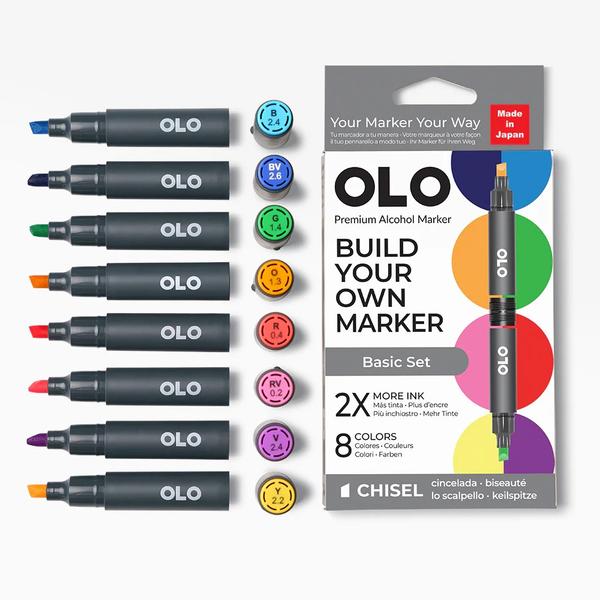 OLO Basic 8pc Chisel Set. This curated set includes 8 carefully selected marker colors, ideal for everyday sketching and creative work. Whether you're sketching, illustrating, or adding color to your designs, this set is a versatile addition to your OLO collection.Set Includes:8 alcohol-based chisel nib markers4 connector ringsA mini blank swatch cardColors in the set: B2.4 Bluebird, BV2.6 Indigo, G1.4 Spearmint, O1.3 Marigold, R0.4 Red Grapefruit, RV0.2 Bubble Gum, V2.4 Violet, Y2.2 Daffodil.MADE IN JAPAN