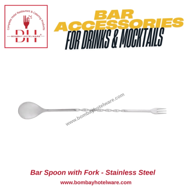 Elevate your bartending game with this Stainless Steel Bar Spoon with Fork, a versatile 2-in-1 tool perfect for mixing, stirring, layering drinks, and garnishing cocktails. The twisted spiral handle allows for smooth and controlled stirring, while the fork end is ideal for picking garnishes like olives, cherries, and citrus slices.Crafted from premium stainless steel, it’s rust-free, durable, and designed for both professional and home bars. Whether you're a seasoned bartender or a cocktail enthusiast, this dual-function bar spoon adds style and precision to your drink-making.Key Features (Bullet Points)Dual-purpose bar spoon with stirrer and forkTwisted handle for easy spinning and stirringFork end for garnishes and fruit picksMade from high-quality stainless steelDurable, rust-resistant & easy to cleanSleek, polished finish for elegant presentationIdeal for mojitos, martinis, mocktails, cocktailsMust-have for professional bartendersPerfect for bars, pubs, lounges, hotelsDishwasher safe and easy to store