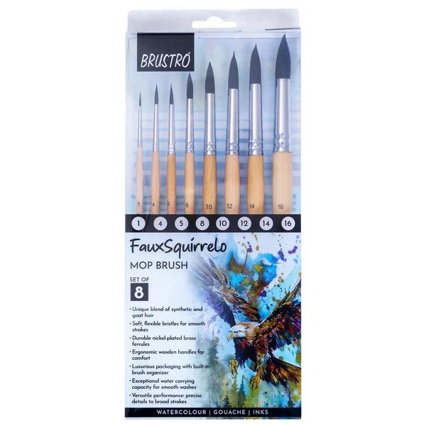 BRUSTRO Faux Squirrelo Mop Brush | Round, Set of 8.Set of 8 Mop Brushes – Includes sizes 1, 4, 5, 8, 10, 12, 14, 16 for detailed strokes to broad washesFaux Squirrel Hair – Synthetic blend goat hair which mimics natural squirrel hair for soft, smooth applicationSuperior Water Retention – Perfect for watercolours, gouache and inksDurable & Anti-Shedding – Nickel-plated brass ferrules for secure grip and durabilityErgonomic Wooden Handles – Comfortable and balanced for extended painting sessionsPremium Packaging – Comes with a built-in brush organizer for safe storageVersatile Use – Suitable for artists of different skill levelBrustro Faux Squirrelo Mop Brush Set is an exceptional 8-piece brush set expertly blending synthetic and goat hair to replicate the performance of natural squirrel hair. These premium brushes deliver precise detailing, soft washes, and broad strokes with ease. The ultra-soft bristles boast great water-carrying capacity, while the fine-tapered tips and anti-shedding design offer control and flexibility for artists of different skill level. Each brush features durable nickel-plated brass ferrules and ergonomic wooden handles for lasting comfort. Housed in a luxurious packaging with a built-in brush organizer, this set is ideal for watercolours, gouache and inks. Whether you're working on fine lines or bold washes, Brustro's Faux Squirrelo Mop Brushes offer the perfect balance of performance and value.