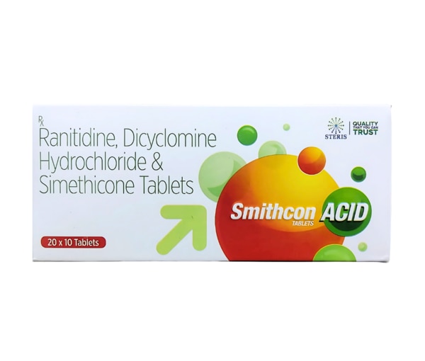 SMITHCON ACID TABLETS is a scientifically formulated oral medication designed to offer comprehensive relief from gastrointestinal disturbances such as acidity, gas, bloating, indigestion, and abdominal cramps. This tablet combines three powerful ingredients: Dicyclomine Hydrochloride 10 mg, Simethicone 20 mg, and Ranitidine Hydrochloride 150 mg. Together, these compounds address various symptoms of digestive distress and provide fast, effective, and lasting comfort.What is SMITHCON ACID TABLETS?SMITHCON ACID TABLETS is a combination medication containing three active ingredients:Dicyclomine Hydrochloride 10 mg – An antispasmodic agent that works by relaxing the smooth muscles of the stomach and intestines, helping relieve painful cramps, spasms, and abdominal discomfort.Simethicone 20 mg – An anti-foaming agent that breaks down gas bubbles in the stomach and intestines, providing quick relief from bloating, fullness, and abdominal pressure.Ranitidine Hydrochloride 150 mg – A histamine-2 (H2) receptor blocker that reduces the production of stomach acid, effectively treating heartburn, acid reflux, and indigestion.Uses of SMITHCON ACID TABLETS:SMITHCON ACID TABLETS is used to treat a variety of gastrointestinal conditions, including:Acid indigestion and heartburnGastroesophageal reflux disease (GERD)Flatulence and bloatingAbdominal cramps and spasmsIrritable bowel syndrome (IBS)Functional dyspepsiaExcessive stomach acid productionThe triple-action mechanism provides targeted relief from gas, acidity, and muscle spasms, making SMITHCON ACID TABLETS an ideal choice for patients experiencing multiple digestive complaints.Side Effects of SMITHCON ACID TABLETS:While generally well-tolerated, some patients may experience side effects such as:Dry mouthDizziness or light-headednessNausea or constipationBlurred visionDrowsinessAllergic reactions (rare)Headache or mild abdominal discomfortIf any of these symptoms persist or worsen, it is advised to consult a healthcare professional.Precautions Before Using SMITHCON ACID TABLETS:Before starting SMITHCON ACID TABLETS, inform your doctor if you have:GlaucomaEnlarged prostateObstructive gastrointestinal conditionsLiver or kidney diseaseHeart conditionsPregnancy or breastfeedingAvoid alcohol and activities requiring mental alertness if you experience drowsiness or dizziness while taking this medication.Drug Interactions: What Drugs Interact With SMITHCON ACID TABLETS?The following medications may interact with SMITHCON ACID TABLETS:Anticholinergic drugs (may enhance side effects of dicyclomine)Antacids or sucralfate (may interfere with ranitidine absorption)Ketoconazole, itraconazole (reduced absorption due to ranitidine)CNS depressants like alcohol, sedatives (increased risk of drowsiness)Digoxin or blood thinners (may be affected by changes in stomach acid levels)Always inform your healthcare provider about all medications and supplements you are taking to avoid potential interactions.Paraphrased Clinical Note:Ranitidine, dicyclomine hydrochloride, and simethicone tablets are a combination medication used to treat various gastrointestinal issues. Ranitidine is an H2 blocker that reduces stomach acid production, helping with heartburn and indigestion. Dicyclomine is an antispasmodic that relaxes stomach and intestinal muscles, relieving cramps and pain. Simethicone helps to relieve gas and bloating by breaking down gas bubbles.Conclusion:SMITHCON ACID TABLETS offers a dependable solution for those suffering from common gastrointestinal complaints such as acidity, gas, and abdominal pain. With its triple-action blend of dicyclomine hydrochloride 10mg, simethicone 20 mg, and ranitidine hydrochloride 150 mg, it provides swift and targeted relief for a better quality of life. Consult your physician before use and follow dosage guidelines to maximize its benefits.