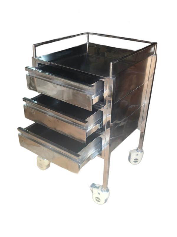 Specifications:Material: Full Stainless Steel (Grade: 304 or 202 as per requirement)Drawers: 3 Smooth-sliding S.S. drawers with handlesShelves: 2 S.S. shelves (Top and Bottom) with raised edgesWheels: 4 x 4