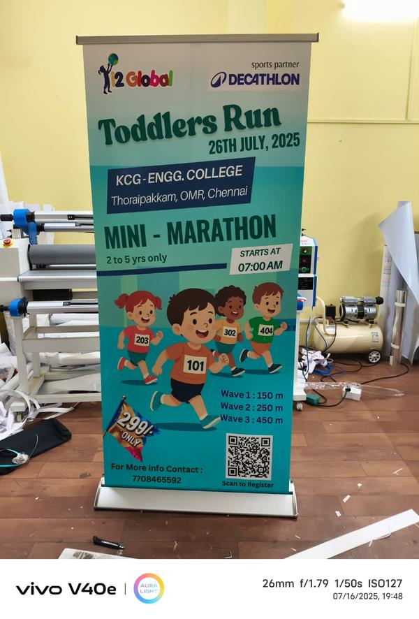 We manufacture Roll up Standie in Flex,Non Tearable,Fabric ,and Luxury Models. The common Sizes in India is 3 feet