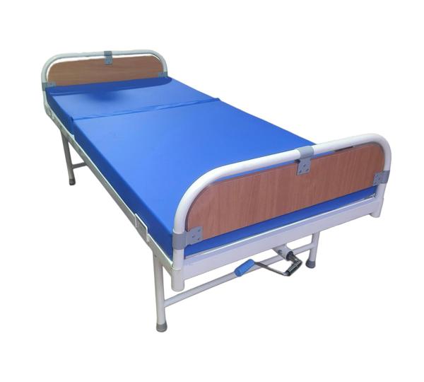 Specifications:Frame: Made of strong M.S. tubular framework.Panel: Head and foot panels made of plyboard with powder-coated finish.Bed Surface: Mild steel sheet with ventilation holes for proper airflow.Adjustable Backrest: Backrest adjustable on a crank mechanism (manually operated).Legs: Mounted on rubber stumps or 4