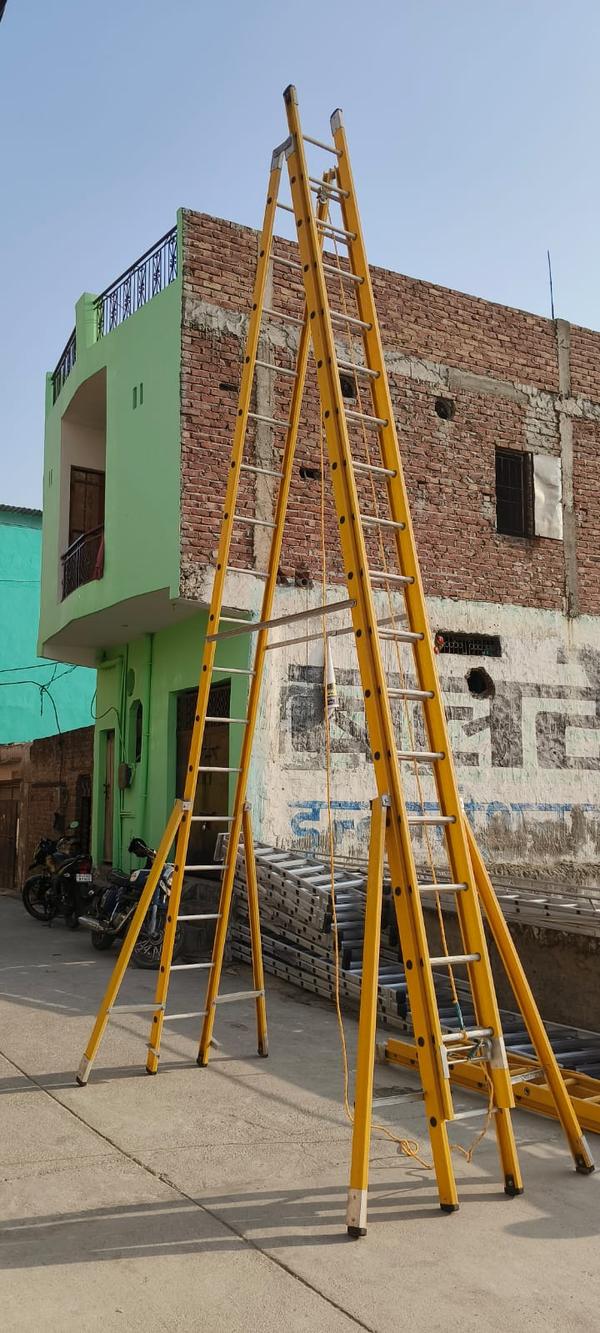 FRP stands for Fiberglass Reinforced Plastic, a material known for its non-conductivity, corrosion resistance, and high strength-to-weight ratio. FRP self-support extension ladders are a type of portable ladder designed for use where electrical safety, durability, and resistance to harsh environments are required. Key Features:Material:Constructed from fiberglass reinforced plastic (FRP).Non-conductive and ideal for electrical environments.Design:Self-supporting A-frame configuration with an extendable section.Operates as a step ladder with extension capabilities.Includes locking mechanisms to secure the extended height.Extension Mechanism:May use ropes, pulleys, or manual slides to extend the ladder.Height is adjustable to meet various work requirements.Safety Features:Slip-resistant feet and rung surfaces.Stabilizing spreaders or braces.May include fall protection hooks or rails, depending on model.Weight Ratings:Typically available in ANSI Type I, IA, or IAA (supporting loads from 250 to 375 lbs).Corrosion & Chemical Resistance:Suitable for outdoor, industrial, marine, or chemical plant environments.Maintenance-Free:FRP ladders do not rust, rot, or corrode, reducing maintenance costs over time.Common Applications:Electrical and utility workChemical plants and refineriesFood processing facilitiesMarine and coastal installationsCleanrooms or corrosive environmentsCLOSE HIGHT - 12FT , OPEN HIGHT - 20FTSIZE - 12/20FT