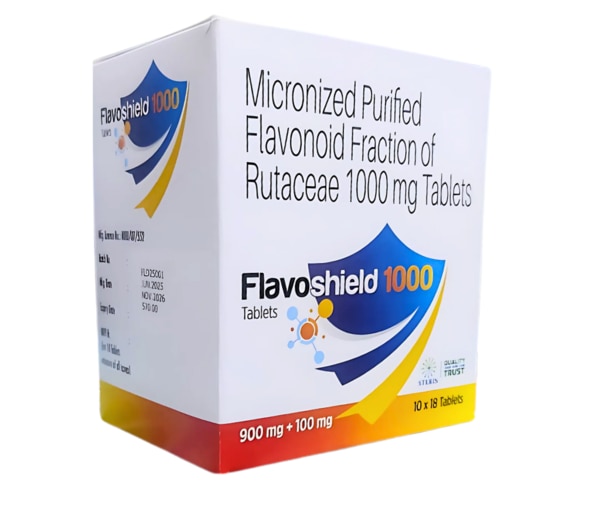 FLAVOSHIELD 1000 is a specialized health supplement formulated with a potent micronized purified flavonoid fraction derived from the Rutaceae family, containing 1000 mg per tablet. This high dosage ensures enhanced bioavailability and efficacy. Flavonoids are natural plant compounds known for their antioxidant, anti-inflammatory, and vascular protective properties. FLAVOSHIELD 1000 is designed to support and improve venous and lymphatic circulation, providing significant relief and therapeutic benefits to individuals suffering from circulatory disorders. Its micronized form allows for better absorption and faster action within the body.What is FLAVOSHIELD 1000?FLAVOSHIELD 1000 is a medicinal tablet that contains a micronized purified flavonoid fraction of Rutaceae at a strength of 1000 mg. The active flavonoid compounds help strengthen blood vessel walls, reduce capillary permeability, and improve overall microcirculation. These effects make it particularly useful in managing symptoms related to venous insufficiency and lymphatic circulation disorders.Uses of FLAVOSHIELD 1000:To improve venous tone and reduce venous stasis.To alleviate symptoms associated with chronic venous insufficiency (CVI), such as leg heaviness, swelling, and pain.To support healing and reduce inflammation in cases of hemorrhoids.To enhance lymphatic drainage and reduce edema (swelling) caused by impaired circulation.To protect blood vessels by reducing capillary fragility and permeability.To improve overall vascular health and circulation efficiency.FLAVOSHIELD 1000 is used to treat conditions related to venous and lymphatic circulation, particularly chronic venous insufficiency (CVI) and hemorrhoids.Side Effects of FLAVOSHIELD 1000:Mild gastrointestinal discomfort such as nausea or stomach upset.Allergic reactions including skin rash or itching in sensitive individuals.Possible headaches or dizziness in rare cases.Very rarely, hypersensitivity reactions may occur.Consult a healthcare professional if severe allergic symptoms or unusual reactions appear.Precautions before Using FLAVOSHIELD 1000:Inform your doctor if you have a history of allergies, especially to flavonoids or plant-based supplements.Use with caution if you are pregnant or breastfeeding; always seek medical advice before use.People with bleeding disorders or on anticoagulant therapy should use caution as flavonoids may affect blood clotting.Avoid using without medical supervision if you have any chronic disease or are taking other medications.Do not exceed the recommended dosage to prevent adverse effects.Drug Interactions: What Drugs Interact with FLAVOSHIELD 1000?FLAVOSHIELD 1000 may interact with blood thinners (anticoagulants) like warfarin by enhancing their effect, potentially increasing the risk of bleeding.It may potentiate the effect of nonsteroidal anti-inflammatory drugs (NSAIDs).Interactions with immunosuppressants or other herbal supplements have not been well studied; caution is advised.Always inform your healthcare provider about all medications and supplements you are taking to avoid adverse interactions.ConclusionFLAVOSHIELD 1000, containing a micronized purified flavonoid fraction of Rutaceae, is a powerful supplement targeted at improving venous and lymphatic circulation. It offers effective relief for chronic venous insufficiency and hemorrhoids by strengthening blood vessels and reducing inflammation and swelling. While generally well tolerated, users should be mindful of possible side effects and drug interactions. Proper medical consultation is recommended before starting this supplement to ensure safe and effective use.