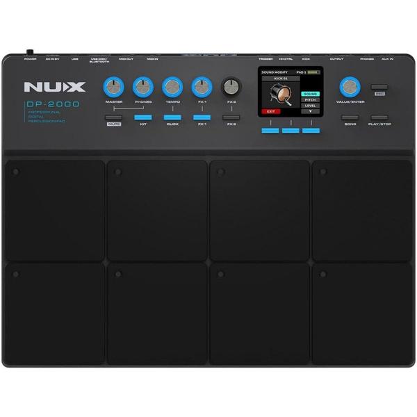 Introducing the brand new NUX DP-2000, a powerful integrated percussion pad. With its 8 velocity sensitive independent strike pads, the DP-2000 not only includes the high standard acoustic drum samples from our flagship DM-8 kit, but it also includes folk percussion and electronic sound samples. What’s more, you can expand your sound library by importing your own drum samples with a U disk. Additionally, the DP-2000 includes inputs for external triggers. Easily add a hi-hat pedal and external kick drum, making the DP-2000 a mini e-drum kit.High Quality Sound LibraryIntroducing the brand new NUX DP-2000, a powerful integrated percussion pad. With its 8 velocity sensitive independent strike pads, the DP-2000 not only includes the high standard acoustic drum samples from our flagship DM-8 kit, but it also includes folk percussion and electronic sound samples. What’s more, you can expand your sound library by importing your own drum samples with a U disk. Additionally, the DP-2000 includes inputs for external triggers. Easily add a hi-hat pedal and external kick drum, making the DP-2000 a mini e-drum kit.Newly Designed Color ScreenThe DP-2000 sports a newly designed UI interactive interface making for a smooth and positive workflow .These 8 velocity sensitive strike pads all have LED lights, and the brightness changes with dynamic playing and tone length, making for an expressive light show on any darkened stage.Even More PossibilitiesThe DP-2000 will find its way into your drumming ecosystem, either onstage next to your acoustic drum kit, or use the MIDI In/Out ports make it a secondary drum brain by connecting it to your already existing e-drum kit.EffectsThe DP-2000 includes six on board effects, which can be assigned to the percussion pads or as BUS effects via the FX function on the panel.I/OUSB-C Port-The Best And Most Powerful Friend Of DP-2000Easily expand your sound library for the DP-2000, by making use of the included USB port and a USB drive loaded with your favorite drum and percussion samples. The DP-2000 also supports WAV music playback via USB drive, making it a great performance and practice instrument.Of course, you can also connect to our NUX provided Bluetooth module NBT-1 through this USB-C port, which supports Bluetooth audio and Bluetooth MIDI functions.Strike Pad And ExpansionWant to expand beyond the included pads? Not a problem. The DP-2000 includes three ¼” (6.35mm) jacks can be connected to an extra trigger, hi-hat pedal, and a kick drum pedal, enabling you to create a set of mini but mighty electronic drums.