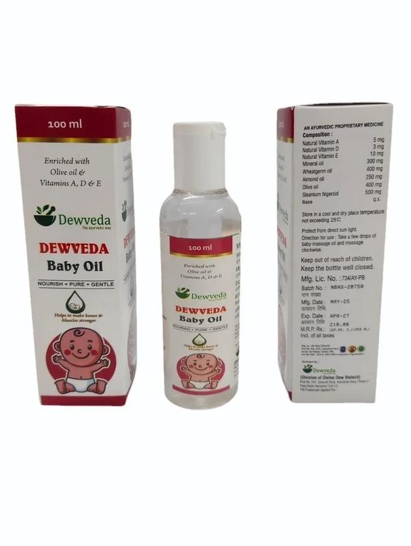 Dewveda Baby Oil:-Nourishes and moisturizes baby’s delicate skinHelps strengthen bones and musclesEnriched with Olive Oil and Vitamins A, D & E for healthy skin developmentGentle and pure formula suitable for daily massageHelps improve blood circulation with regular massageKeeps skin soft, smooth and protectedCompositionNatural Vitamin A – 5 mgNatural Vitamin D – 3 mgNatural Vitamin E – 20 mgMineral Oil – 300 mgWheatgerm Oil – 400 mgAlmond Oil – 60 mgOlive Oil – 500 mgSelenium Nigersid – 500 mg