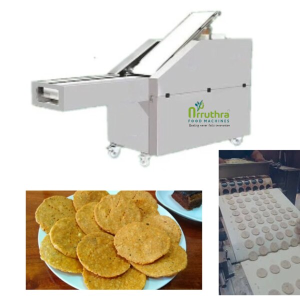  Upto 30 Kg per hour 1 HP Motor with gear box and adjustable speed system Die size can be changed according to the need ( Upto 10” Die available) Dimension 2’ x 4’ x 8’ Also used to make Poori, Chapathi and Papad Single Phase Food Grade conveyor belts Recyclable systems provided