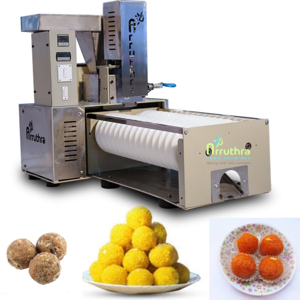Features: 1 HP Motor with gear box and adjustable speed· Laddu size adjustable using sensor· Single or three phase· Food grade conveyor belts· Size and weight of each laddu will be identical· Processes up to 800 laddus per hour· Can process soft food materials like beasn laddu, Gulab Jammun, Rasagulla