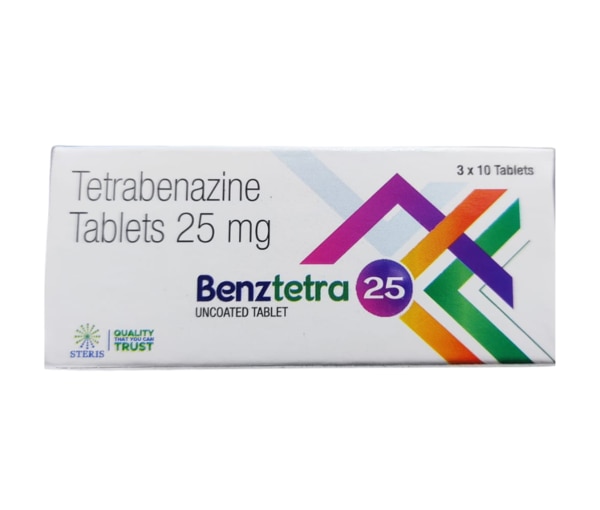 BENZTETRA 25 contains the active ingredient tetrabenazine 25mg, a specialized medication used primarily to manage involuntary movements associated with neurological disorders. Tetrabenazine is classified as a vesicular monoamine transporter 2 (VMAT2) inhibitor and works by regulating the levels of neurotransmitters such as dopamine, serotonin, norepinephrine, and histamine in the brain. This correction of chemical imbalances helps reduce excessive and uncontrolled muscle movements. BENZTETRA 25 is especially valuable for patients suffering from movement disorders that significantly impact their daily functioning. It helps improve motor control, thereby enhancing quality of life for those affected. This medication is prescribed mainly to treat chorea—a movement disorder characterized by jerky, irregular, and uncontrollable muscle movements—that is caused by Huntington disease.What is BENZTETRA 25?BENZTETRA 25 is a therapeutic tablet containing tetrabenazine 25mg, designed to treat involuntary movements (chorea) linked to Huntington disease. It does not cure Huntington disease nor address cognitive or psychiatric symptoms of the disease but effectively reduces the severity of abnormal movements by altering neurotransmitter activity in the brain.Uses of BENZTETRA 25To treat chorea (a movement disorder) that is caused by Huntington disease.To control involuntary muscle movements in Huntington’s disease patients.Management of other hyperkinetic movement disorders as determined by a healthcare provider (such as tardive dyskinesia or Tourette syndrome in some cases).To reduce excessive motor activity caused by abnormal nerve signaling in the brain, improving voluntary muscle control.Side Effects of BENZTETRA 25Drowsiness and fatigue, which may affect alertness.Insomnia or difficulty sleeping.Nausea, vomiting, or abdominal discomfort.Parkinsonism symptoms such as tremors, muscle rigidity, and slowed movements (bradykinesia).Mood alterations including depression, anxiety, and in severe cases, suicidal thoughts.Rare serious reactions like allergic responses, heart rhythm irregularities, or neuroleptic malignant syndrome (characterized by high fever, muscle stiffness).Precautions Before Using BENZTETRA 25Inform your doctor if you have a history of depression, suicidal thoughts, or any psychiatric illness.Avoid use if you have severe liver disease or have recently taken monoamine oxidase inhibitors (MAOIs).Caution in patients with cardiac issues due to potential QT interval prolongation.Use with care when driving or operating machinery as BENZTETRA 25 may cause dizziness or drowsiness.Do not stop the medication suddenly without consulting your healthcare provider, as symptoms might worsen.Regular monitoring by a healthcare professional is recommended to assess side effects and efficacy.Drug Interactions: What Drugs Interact with BENZTETRA 25?MAO inhibitors such as isocarboxazid, phenelzine, selegiline, and others can cause dangerous interactions and should not be used concurrently.Other drugs that affect serotonin levels, including selective serotonin reuptake inhibitors (SSRIs), may increase the risk of serotonin syndrome.Caution with other medications known to prolong the QT interval or those affecting dopamine systems.Interactions with neuroleptics or antipsychotics require close medical supervision due to additive effects on movement and mood.ConclusionBENZTETRA 25, containing tetrabenazine 25mg, is a vital medication for managing chorea associated with Huntington disease by modulating neurotransmitter levels in the brain to reduce involuntary movements. While it offers substantial benefits in improving motor control, careful attention to side effects, precautions, and drug interactions is essential for safe and effective use. Always follow the guidance of a healthcare professional when using BENZTETRA 25 to ensure optimal outcomes and safety.