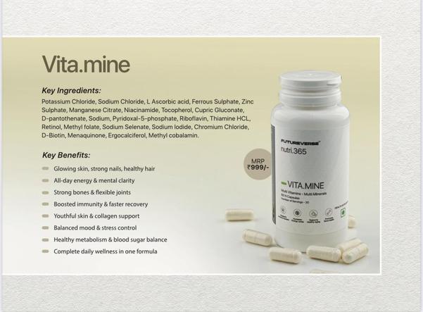 *Potassium Chloride *Sodium Chloride *Zinc Sulphate*MenaquinoneBenifitsGlowing Skin,Hair Growth and Healthy NailsAll Day Energy & Mental Clarity Strong Bones and Healthy JointsHealthy Metabolism and Sugar Maintenance Boosting Immunity and Speedy Recovery 