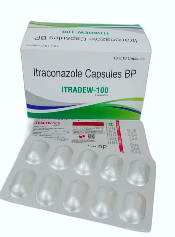 Itraconazole Capsules BP, are antifungal capsules used to treat a variety of fungal infections in the body. Each capsule contains 100 mg of the active ingredient Itraconazole, a triazole antifungal agent that works by inhibiting the synthesis of ergosterol, an essential component of fungal cell membranes. By disrupting the cell membrane, it prevents fungal growth and eradicates the infection.*ITRADEW-100 is indicated for the treatment of infections such as aspergillosis, blastomycosis, histoplasmosis, onychomycosis (fungal nail infections), oral thrush, and systemic fungal infections. It is also effective for treating dermatophyte infections and pityriasis versicolor.*These capsules are for oral administration and should be taken exactly as prescribed by a healthcare professional, usually after meals to improve absorption. The duration of treatment depends on the severity and type of infection being treated.