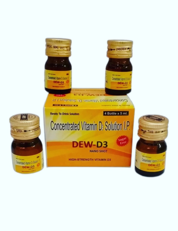 DEW-D3 Nano Shot is a concentrated Vitamin D3 solution I.P. specially formulated to support bone health, strengthen the immune system, and improve calcium absorption in the body. Each pack contains 4 bottles of 5 ml each, offering a ready-to-drink, high-strength liquid supplement for quick and effective results. Made with Nano-shot technology, it ensures better bioavailability and faster absorption compared to traditional tablets or capsules. This sugar-free formula is suitable for people with diabetes and those who prefer a low-sugar diet. Ideal for individuals with Vitamin D deficiency, elderly people, pregnant women, and those with limited sun exposure, DEW-D3 helps maintain overall vitality and wellness.
