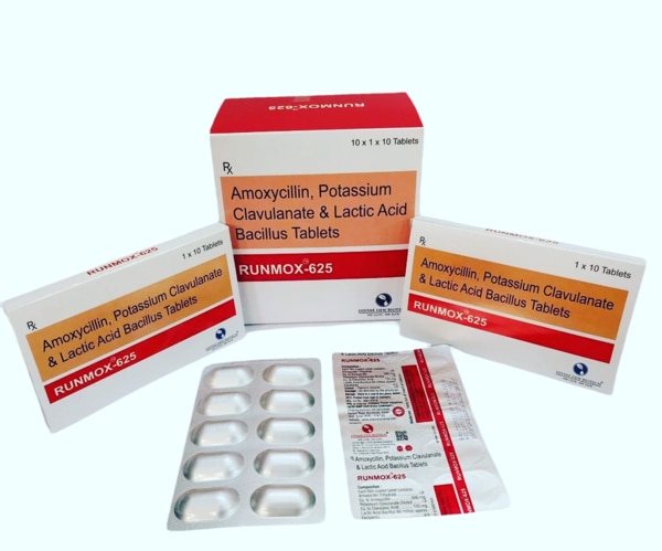 RUNMOX-625 Tablets are a combination antibiotic formulation containing Amoxycillin, Potassium Clavulanate, and Lactic Acid Bacillus. Designed to combat a wide spectrum of bacterial infections, this medicine works by killing harmful bacteria, preventing resistance development, and maintaining healthy gut flora. Amoxycillin targets and destroys bacteria, Potassium Clavulanate enhances its effectiveness by inhibiting beta-lactamase enzymes that cause resistance, and Lactic Acid Bacillus restores beneficial intestinal bacteria to reduce side effects like diarrhea. RUNMOX-625 is commonly prescribed for respiratory tract infections, urinary tract infections, skin and soft tissue infections, and other bacterial conditions, ensuring both effective treatment and digestive comfort.