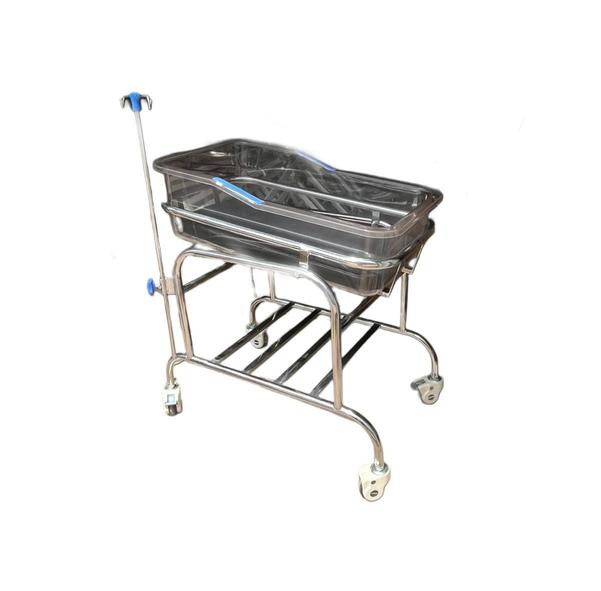 Specifications:Frame Material:Full Stainless Steel 304 grade, corrosion-resistant, highly durable, hygienic – ideal for hospital environments.Top (Cradle) Section:Imported transparent acrylic or polycarbonate top (depending on model) with ventilation holes.Curved and smooth edges for baby safety.Top Adjustment (Optional):Manually tiltable baby top for head elevation.Mattress:Soft, washable foam mattress with waterproof cover, perfectly fitting the cradle.Handle:Stainless Steel push handle for easy mobility.Shelving:Lower utility shelf for storage of essentials like diapers, wipes, etc.Wheels:4 wheels, 3