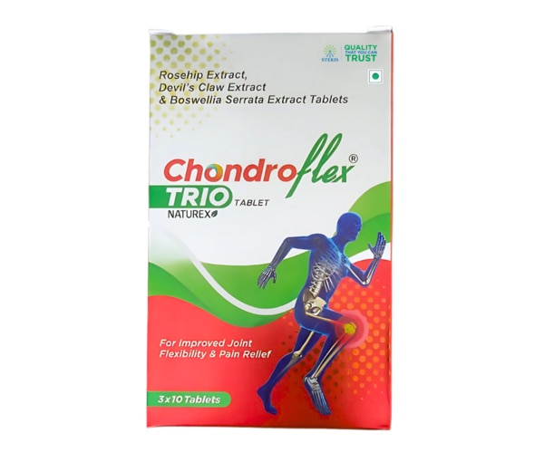 CHONDROFLEX TRIO is a premium joint support supplement formulated to enhance joint health, flexibility, and mobility. It combines the synergistic effects of three powerful natural extracts: Rosehip Extract, Devil's Claw Extract, and Boswellia Serrata Extract. These ingredients are traditionally known for their anti-inflammatory, analgesic, and antioxidant properties, which collectively help to reduce joint pain, swelling, stiffness, and improve overall musculoskeletal wellness. This formulation is designed to aid those experiencing joint discomfort due to arthritis, osteoarthritis, or other degenerative joint conditions, supporting healthy joint function and promoting greater ease of movement. What is CHONDROFLEX TRIO?CHONDROFLEX TRIO is a tablet that contains a unique blend of natural extracts — Rosehip Extract, Devil's Claw Extract, and Boswellia Serrata Extract — formulated to target joint inflammation and pain. These extracts work together to protect cartilage, reduce joint inflammation, and support the repair of joint tissues. The supplement aims to improve joint flexibility and enhance overall joint health, making it suitable for individuals dealing with arthritis or age-related joint issues. Uses of CHONDROFLEX TRIO Supports joint health and flexibilityHelps reduce joint inflammation and swellingAlleviates joint pain and stiffnessPromotes cartilage repair and regenerationImproves blood supply to the joints, enhancing nutrient deliverySupports overall musculoskeletal comfort and mobilityMay aid in managing symptoms related to osteoarthritis and rheumatoid arthritisHelps maintain fluid balance within joints for better movement Side Effects of CHONDROFLEX TRIOWhile CHONDROFLEX TRIO is generally well tolerated, some individuals may experience the following side effects:Mild gastrointestinal discomfort such as nausea, diarrhea, or constipationAllergic reactions including skin rashes, itching, or swelling (rare)Possible sensitivity reactions in some individuals, requiring discontinuationIt is important to consult with a healthcare provider if any side effects persist or worsen. Precautions Before Using CHONDROFLEX TRIO Consult a healthcare professional before starting if you are pregnant or breastfeedingInform your doctor if you have any pre-existing medical conditions, especially liver or kidney disordersUse caution if you have a history of allergies to herbal supplementsDo not exceed the recommended dosage without medical adviceKeep out of reach of childrenStore in a cool, dry place away from direct sunlight Drug Interactions — What Drugs Interact with CHONDROFLEX TRIO?CHONDROFLEX TRIO may interact with certain medications, so it is essential to inform your healthcare provider about all medications you are taking before starting this supplement. Potential interactions include:Blood thinners (anticoagulants), as some ingredients may affect blood clottingAnti-inflammatory drugs or pain relievers, which may enhance or alter effectImmunosuppressant drugs, due to potential immune system modulationDiabetes medications, as some herbal components might influence blood sugar levelsAlways seek professional guidance to avoid adverse effects related to drug interactions. ConclusionCHONDROFLEX TRIO, with its potent blend of Rosehip Extract, Devil's Claw Extract, and Boswellia Serrata Extract, offers a natural and effective approach to managing joint health. By reducing inflammation, promoting cartilage repair, and enhancing joint flexibility, it provides relief from discomfort associated with various joint conditions. Regular use combined with medical supervision can contribute to improved joint function and overall quality of life. This supplement is a valuable choice for those seeking a natural alternative to support their joint wellness and mobility.
