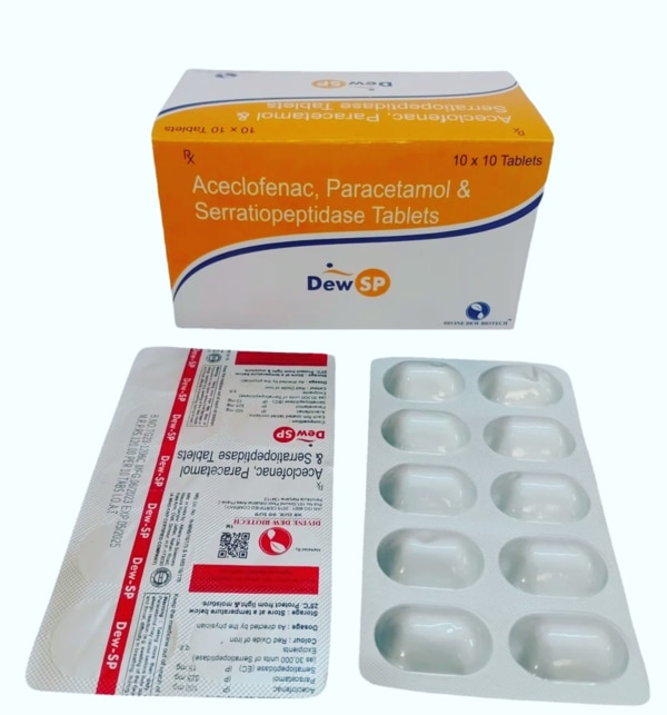 Dew SP Tablets are a combination of Aceclofenac, Paracetamol, and Serratiopeptidase. This medicine is used to relieve pain, swelling, and inflammation in conditions like arthritis, muscle pain, joint pain, back pain, dental pain, and after surgery.