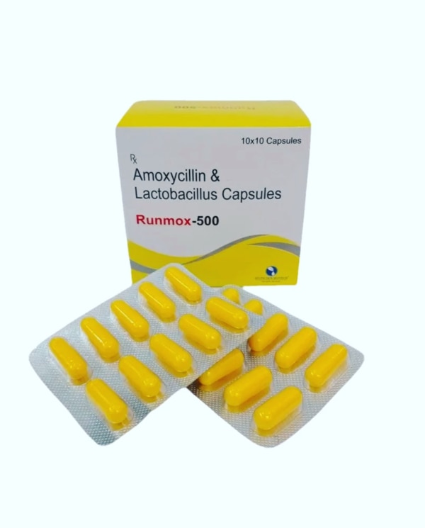 Runmox-500 is a combination of an antibiotic (Amoxycillin) and a probiotic (Lactobacillus), specially formulated to treat a wide range of bacterial infections while protecting the digestive system. Amoxycillin works by killing harmful bacteria and stopping their growth, while Lactobacillus restores the natural balance of healthy bacteria in the gut, reducing the chances of antibiotic-associated diarrhea and digestive discomfort.