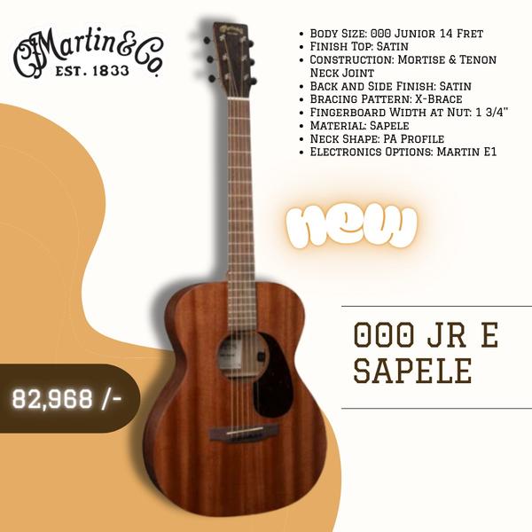 The Martin 000 Jr E Sapele acoustic-electric guitar combines compact design with full-bodied tone, making it ideal for players seeking portability without sacrificing sound quality. Built with an all-solid sapele top, back and sides, this 000 Jr E features scalloped spruce X-bracing for enhanced resonance and projection. The sapele body delivers rich midrange warmth, punchy lows and crisp trebles, while Martin's X-bracing adds both strength and flexibility, ensuring a dynamic, balanced tonal response. The silky satin finish highlights the natural beauty of the wood, creating a visually appealing instrument that's as refined as its sound. Designed for both casual strumming and live performance, the 000 Jr E Sapele acoustic-electric guitar delivers the rich tonal complexity and powerful projection expected from a Martin.FeaturesAll-solid sapele top, back and sides for balanced and full-bodied toneScalloped spruce X-bracing enhances projection and tonal clarityPerforming Artist neck with beveled edges for effortless playabilityFaux abalone inlays add vintage-inspired style and eleganceMartin E1 electronics for plug-and-play performance on stageNickel open-gear tuners ensure precise and stable tuningSoftshell case included for protection during travelSatin finish provides durability and a timeless aestheticShort scale length offers comfort and playability for all levelsSloped modern belly bridge maximizes sustain and tonal richnessSpecsBodyBody style: 000 Junior 14 fretTop wood: SapeleBack and sides wood: SapeleBracing pattern: Scalloped X-braceFinish: SatinNeckNeck shape: Performing ArtistNeck wood: Select hardwoodScale length: 24.9“Fingerboard wood: Select hardwoodFingerboard width at nut: 1-3/4”Fingerboard width at 12th fret: 2-1/8“Number of frets: 20HardwareBridge material: Select hardwoodBridge string spacing: 2-5/32”Tuning machines: Nickel open-gearNut material: White CorianSaddle material: White TUSQElectronicsPickup system: Martin E1Controls: Volume, tone and phaseBuilt-in tuner: YesOtherCase: SoftshellOrientation: Right handedNumber of strings: 6Warranty1 year warranty on Martin Backpackers, Little Martins and ukuleles. Limited lifetime on other Martin guitars.