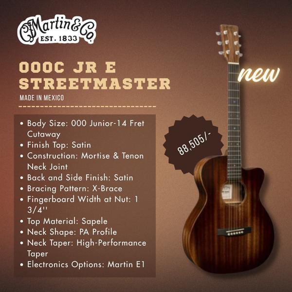 000 JUNIOR BODY SIZE: The 000 Junior body size offers the balanced tone and comfortable feel of a full-size Auditorium model in a more compact, travel-friendly design. Its even response across all six strings delivers smooth highs and controlled bass, making it versatile for any playing style. With a cutaway for easy access to higher frets and a balanced projection that ensures clarity in every note, the 000 Junior is the perfect companion for home, stage, or the road.SATIN SAPELE BACK & SIDES: Crafted with solid sapele back and sides, this guitar delivers a warm, balanced tone with a strong midrange and bright, airy trebles. Sourced from Africa, sapele is similar to mahogany in both tone and feel but often features striking light and dark grain banding. Finished with a beautifully distressed satin finish, it offers a rich, dynamic response and a vintage-inspired look that’s perfect for any playing style.SATIN SAPELE TOP: A solid sapele top delivers a warm, complex tone with rich harmonics and a focused midrange. Paired with scalloped spruce X-bracing, it enhances resonance and dynamic response, making it ideal for both fingerstyle and flatpicking. The top also features a distressed satin finish, adding a vintage-inspired look to its natural grain pattern. Its balanced tone and strong projection make it a versatile choice for players seeking warmth, clarity, and a dynamic voice.PERFORMING ARTIST NECK: The Performing Artist neck profile offers a modern, slimmer shape for fast playing and smooth chord changes. It features a 1 3/4“ nut width and a full 24.9” scale length, providing a familiar feel with enhanced comfort and precision. The high-performance taper ensures a fast, comfortable grip, while the hand-applied finish gives it a smooth, natural feel. Designed for speed and playability, this neck is ideal for a variety of playing styles.JUNIOR SERIES: The Martin Junior Series is your full-scale companion—anytime, anywhere. These guitars and basses combine a compact body with a full 24.9