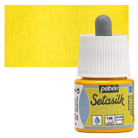 PEBEO SETASILK PAINT - 45 ML BOTTLE - BUTTERCUP (02)Setasilk is used as traditional colour and works on all type of silk. These are water-based, vivid and intense for painting on silk. Suitable for all traditional silk painting technique and are fixed simply by Ironing. The range includes 19 colours with a dropper nozzle that can be mixed or used directly from bottle to obtain bright refined tones.Buttercup - 45 ML; Bright and intense heat-fixable and transparent colours; Use on all types of silk like twill, pongé, crêpe de Chine, crêpe georgette and damask silk.