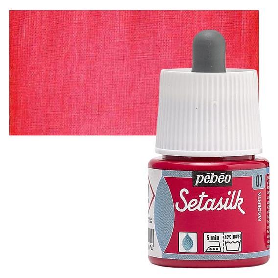 PEBEO SETASILK PAINT - 45 ML BOTTLE - MAGENTA (07)Setasilk is used as traditional colour and works on all type of silk. These are water-based, vivid and intense for painting on silk. Suitable for all traditional silk painting technique and are fixed simply by Ironing. The range includes 19 colours with a dropper nozzle that can be mixed or used directly from bottle to obtain bright refined tones.Magenta - 45 ML; Bright and intense heat-fixable and transparent colours; Use on all types of silk like twill, pongé, crêpe de Chine, crêpe georgette and damask silk.