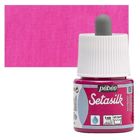 PEBEO SETASILK PAINT - 45 ML BOTTLE - RASPBERRY (08)Setasilk is used as traditional colour and works on all type of silk. These are water-based, vivid and intense for painting on silk. Suitable for all traditional silk painting technique and are fixed simply by Ironing. The range includes 19 colours with a dropper nozzle that can be mixed or used directly from bottle to obtain bright refined tones.Raspberry - 45 ML; Bright and intense heat-fixable and transparent colours; Use on all types of silk like twill, pongé, crêpe de Chine, crêpe georgette and damask silk.
