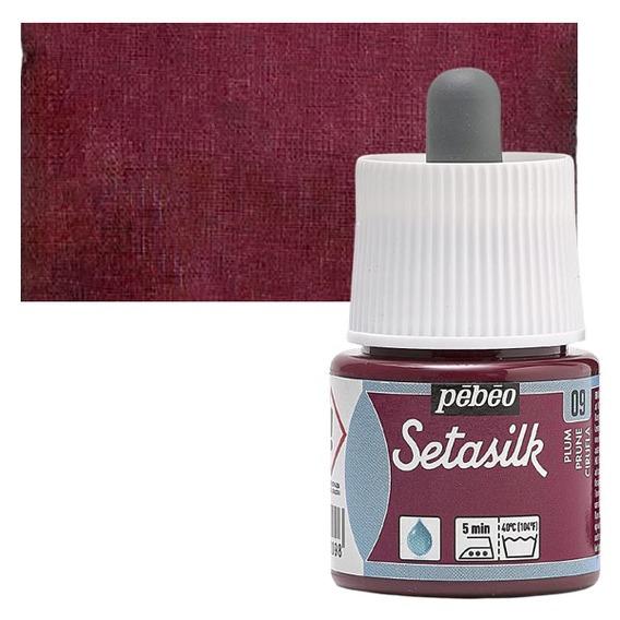 PEBEO SETASILK PAINT - 45 ML BOTTLE - PLUM (09)Setasilk is used as traditional colour and works on all type of silk. These are water-based, vivid and intense for painting on silk. Suitable for all traditional silk painting technique and are fixed simply by Ironing. The range includes 19 colours with a dropper nozzle that can be mixed or used directly from bottle to obtain bright refined tones.Plum - 45 ML; Bright and intense heat-fixable and transparent colours; Use on all types of silk like twill, pongé, crêpe de Chine, crêpe georgette and damask silk.