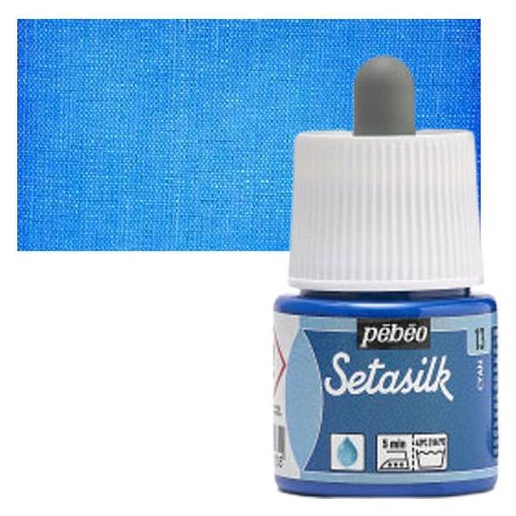PEBEO SETASILK PAINT - 45 ML BOTTLE - CYAN (13)Setasilk is used as traditional colour and works on all type of silk. These are water-based, vivid and intense for painting on silk. Suitable for all traditional silk painting technique and are fixed simply by Ironing. The range includes 19 colours with a dropper nozzle that can be mixed or used directly from bottle to obtain bright refined tones.Cyan - 45 ML; Bright and intense heat-fixable and transparent colours; Use on all types of silk like twill, pongé, crêpe de Chine, crêpe georgette and damask silk.