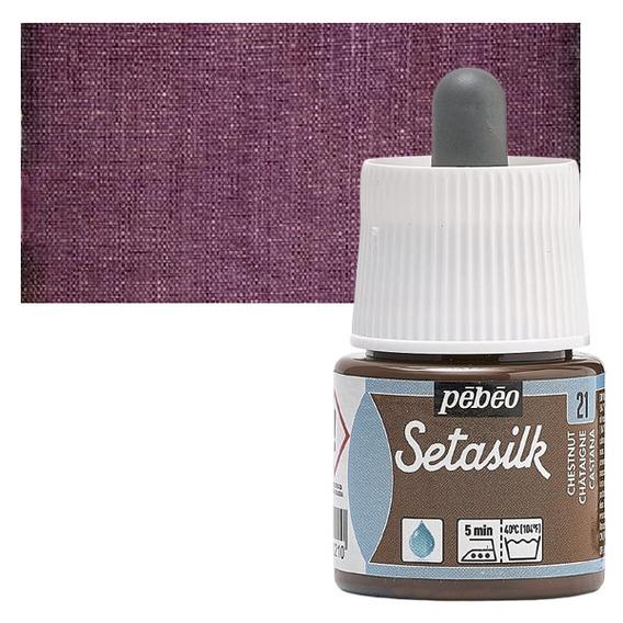 PEBEO SETASILK PAINT - 45 ML BOTTLE - CHESTNUT (21)Setasilk is used as traditional colour and works on all type of silk. These are water-based, vivid and intense for painting on silk. Suitable for all traditional silk painting technique and are fixed simply by Ironing. The range includes 19 colours with a dropper nozzle that can be mixed or used directly from bottle to obtain bright refined tones.Chestnut - 45 ML; Bright and intense heat-fixable and transparent colours; Use on all types of silk like twill, pongé, crêpe de Chine, crêpe georgette and damask silk.
