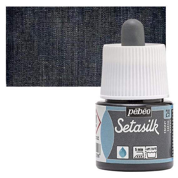 PEBEO SETASILK PAINT - 45 ML BOTTLE - EBONY (29)Setasilk is used as traditional colour and works on all type of silk. These are water-based, vivid and intense for painting on silk. Suitable for all traditional silk painting technique and are fixed simply by Ironing. The range includes 19 colours with a dropper nozzle that can be mixed or used directly from bottle to obtain bright refined tones.Ebony - 45 ML; Bright and intense heat-fixable and transparent colours; Use on all types of silk like twill, pongé, crêpe de Chine, crêpe georgette and damask silk.