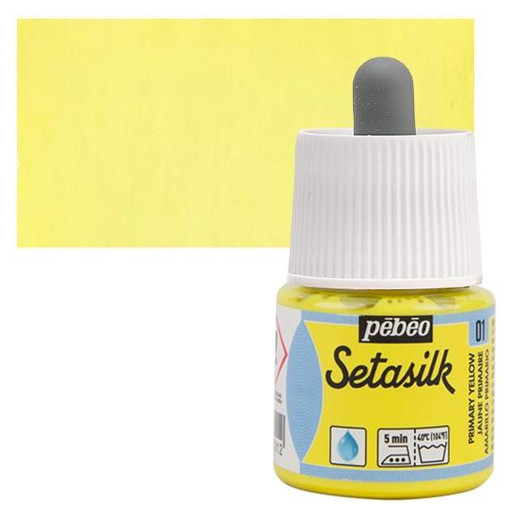 PEBEO SETASILK PAINT - 45 ML BOTTLE - PRIMARY YELLOW (01)Setasilk is used as traditional colour and works on all type of silk. These are water-based, vivid and intense for painting on silk. Suitable for all traditional silk painting technique and are fixed simply by Ironing. The range includes 19 colours with a dropper nozzle that can be mixed or used directly from bottle to obtain bright refined tones.Primary Yellow - 45 ML; Bright and intense heat-fixable and transparent colours; Use on all types of silk like twill, pongé, crêpe de Chine, crêpe georgette and damask silk.