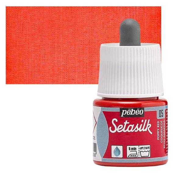 PEBEO SETASILK PAINT - 45 ML BOTTLE - POPPY RED (05)Setasilk is used as traditional colour and works on all type of silk. These are water-based, vivid and intense for painting on silk. Suitable for all traditional silk painting technique and are fixed simply by Ironing. The range includes 19 colours with a dropper nozzle that can be mixed or used directly from bottle to obtain bright refined tones.Poppy Red - 45 ML; Bright and intense heat-fixable and transparent colours; Use on all types of silk like twill, pongé, crêpe de Chine, crêpe georgette and damask silk.