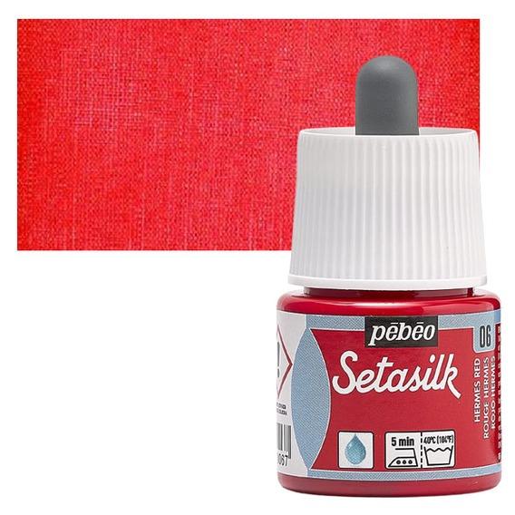 PEBEO SETASILK PAINT - 45 ML BOTTLE - HERMES RED (06)Setasilk is used as traditional colour and works on all type of silk. These are water-based, vivid and intense for painting on silk. Suitable for all traditional silk painting technique and are fixed simply by Ironing. The range includes 19 colours with a dropper nozzle that can be mixed or used directly from bottle to obtain bright refined tones.Hermes Red - 45 ML; Bright and intense heat-fixable and transparent colours; Use on all types of silk like twill, pongé, crêpe de Chine, crêpe georgette and damask silk.