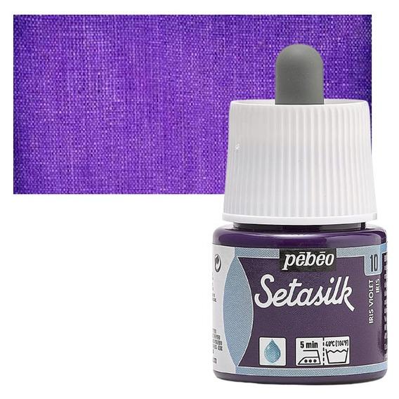 PEBEO SETASILK PAINT - 45 ML BOTTLE - IRIS VIOLET (10)Setasilk is used as traditional colour and works on all type of silk. These are water-based, vivid and intense for painting on silk. Suitable for all traditional silk painting technique and are fixed simply by Ironing. The range includes 19 colours with a dropper nozzle that can be mixed or used directly from bottle to obtain bright refined tones.Iris Violet - 45 ML; Bright and intense heat-fixable and transparent colours; Use on all types of silk like twill, pongé, crêpe de Chine, crêpe georgette and damask silk.