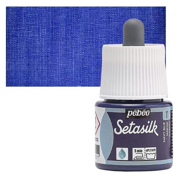 PEBEO SETASILK PAINT - 45 ML BOTTLE - NAVY BLUE (11)Setasilk is used as traditional colour and works on all type of silk. These are water-based, vivid and intense for painting on silk. Suitable for all traditional silk painting technique and are fixed simply by Ironing. The range includes 19 colours with a dropper nozzle that can be mixed or used directly from bottle to obtain bright refined tones.Navy Blue - 45 ML; Bright and intense heat-fixable and transparent colours; Use on all types of silk like twill, pongé, crêpe de Chine, crêpe georgette and damask silk.
