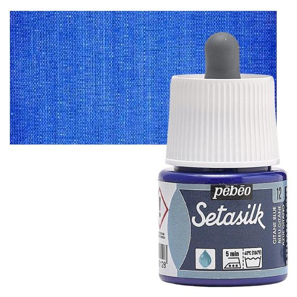 PEBEO SETASILK PAINT - 45 ML BOTTLE - GITANE BLUE (12)Setasilk is used as traditional colour and works on all type of silk. These are water-based, vivid and intense for painting on silk. Suitable for all traditional silk painting technique and are fixed simply by Ironing. The range includes 19 colours with a dropper nozzle that can be mixed or used directly from bottle to obtain bright refined tones.Gitane Blue - 45 ML; Bright and intense heat-fixable and transparent colours; Use on all types of silk like twill, pongé, crêpe de Chine, crêpe georgette and damask silk.